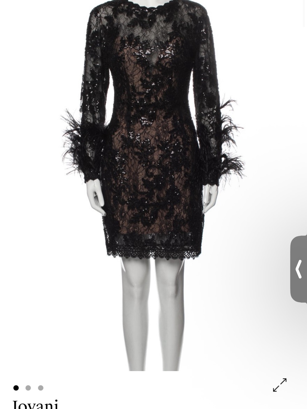 Jovani Black Lace Long-Sleeve Feather Cuff Cocktail Dress